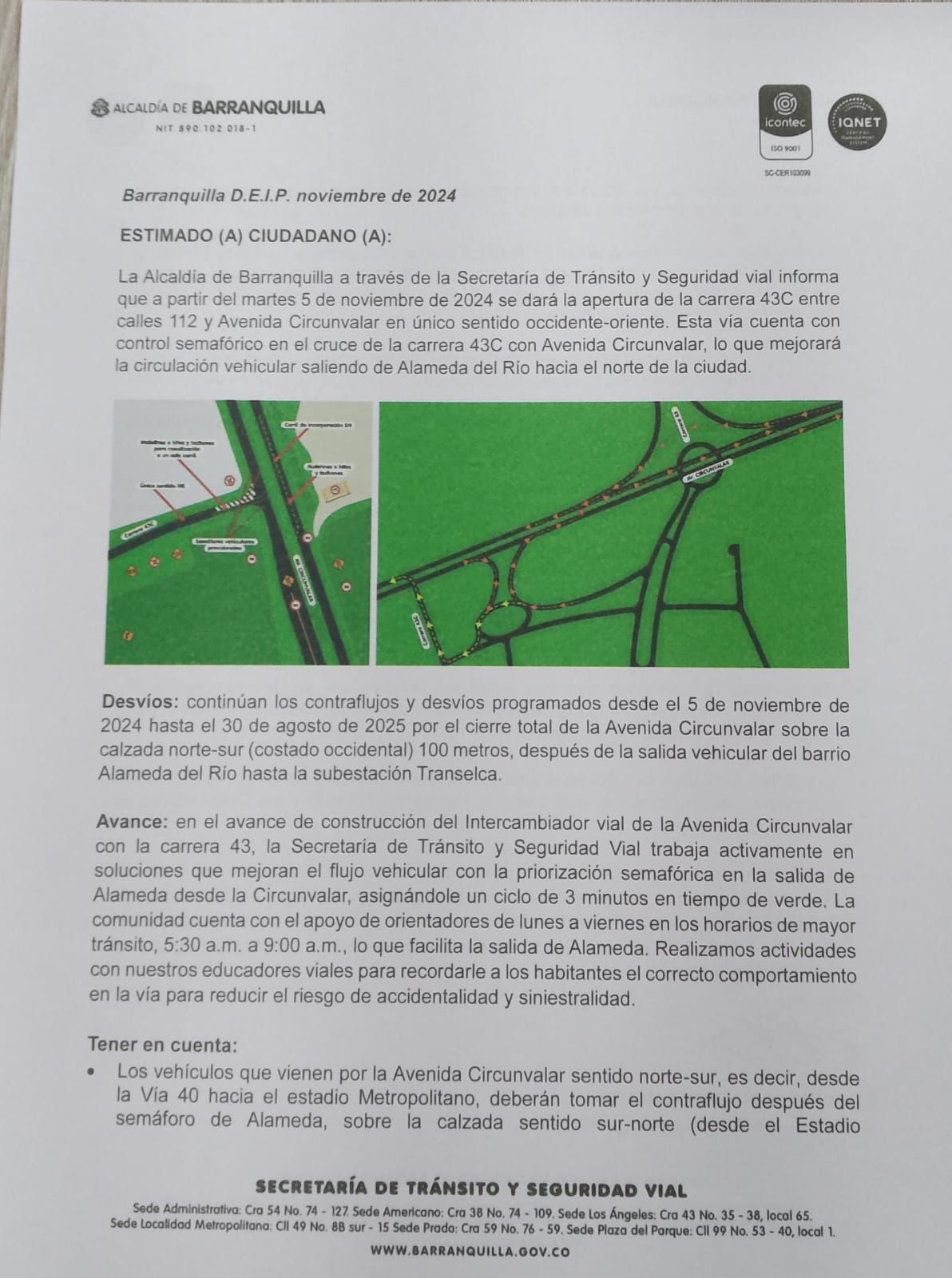 El comunicado de la Alcaldía enviado a los residentes de Alameda del Río.