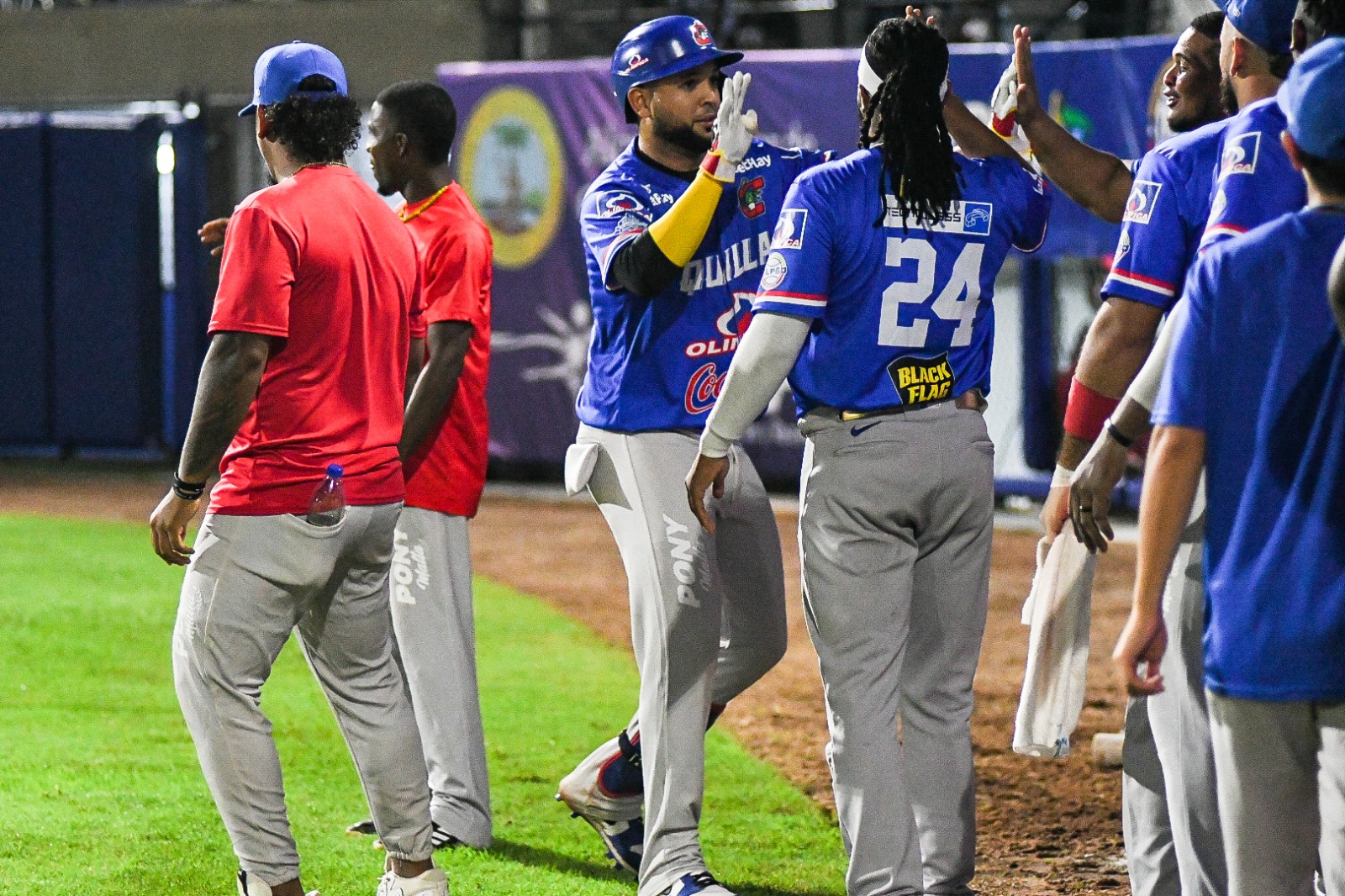 Estamy Ureña es felicitado por sus compañeros de Caimanes tras batear un jonrón de dos carreras.