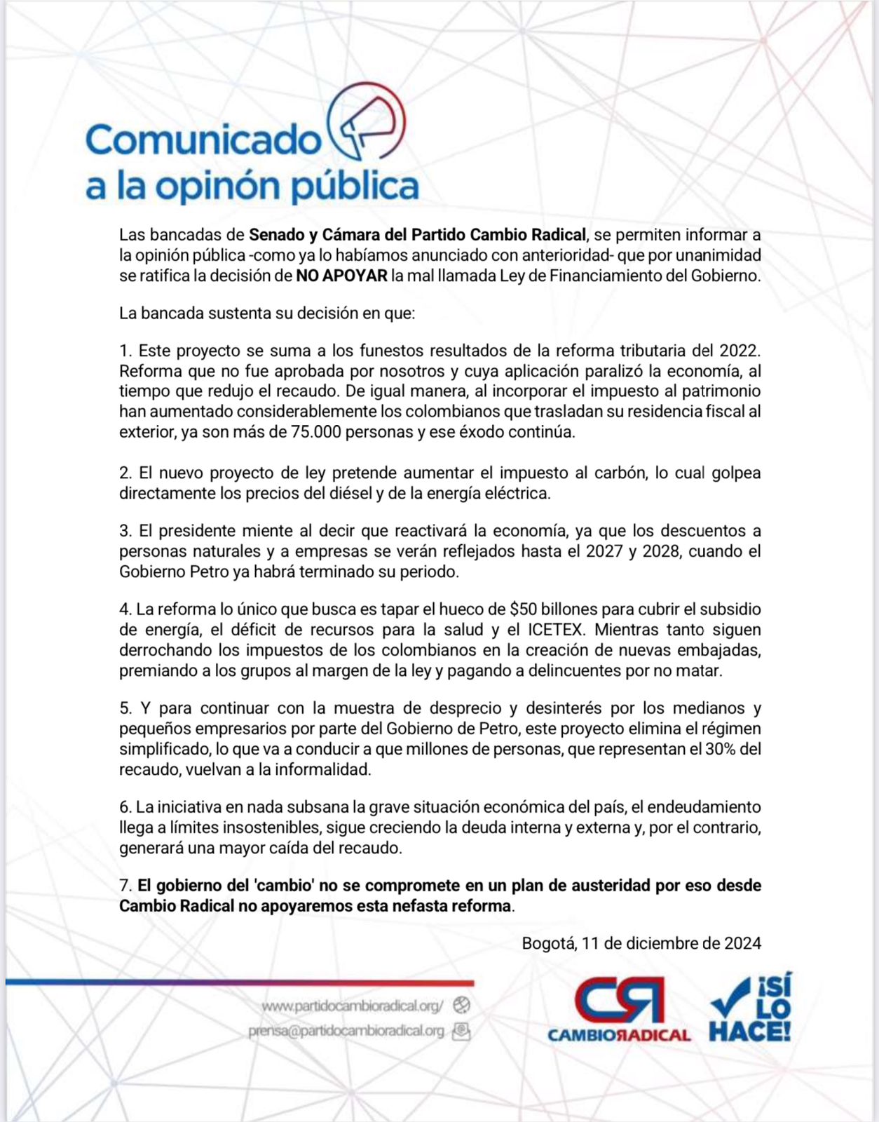 Comunicado de la Bancada de Cambio Radical.