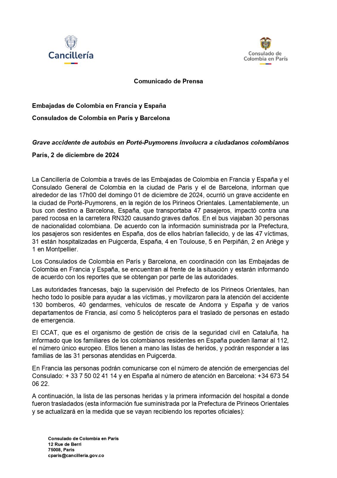 El comunicado de la Embajada de Colombia en Francia.