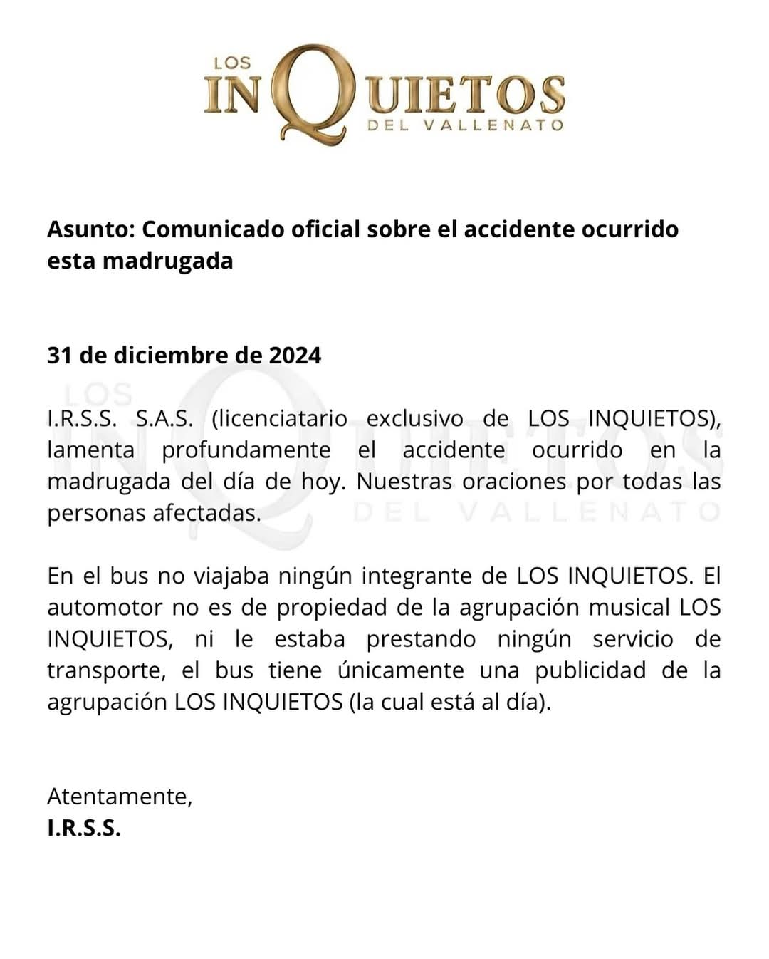 Comunicado de la agrupación 'Los Inquietos del Vallenato'. 