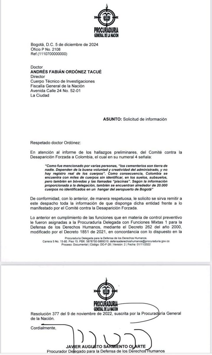 Solicitud de la Procuraduría al CTI de la Fiscalía. 