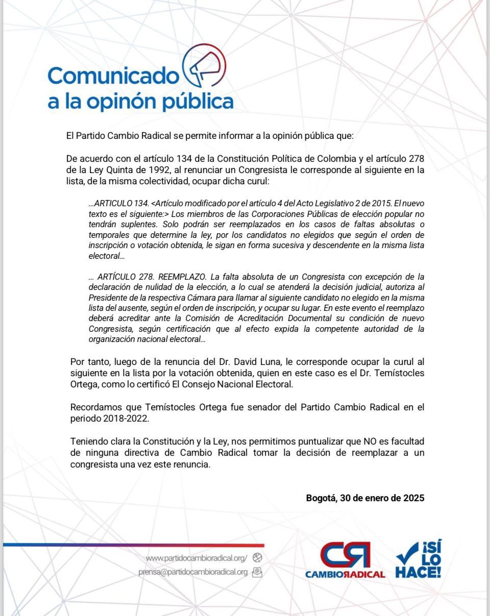 Comunicado de Cambio Radical. 