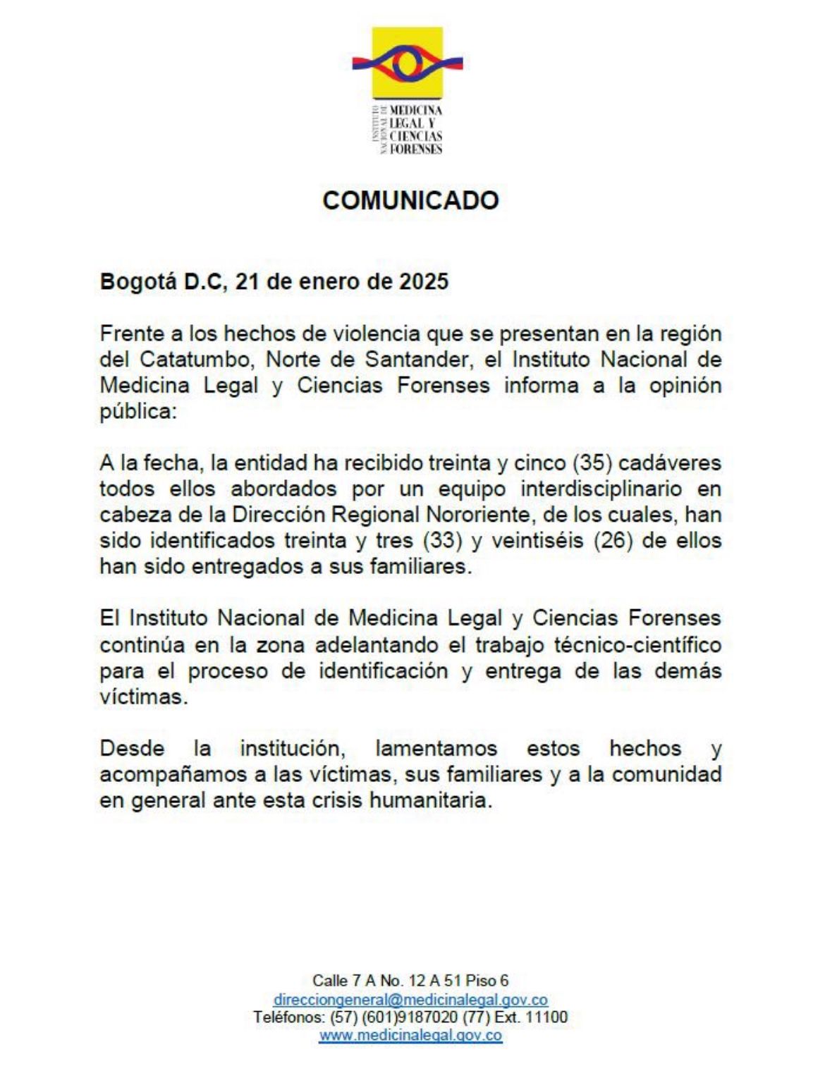 Comunicado de Medicina Legal.