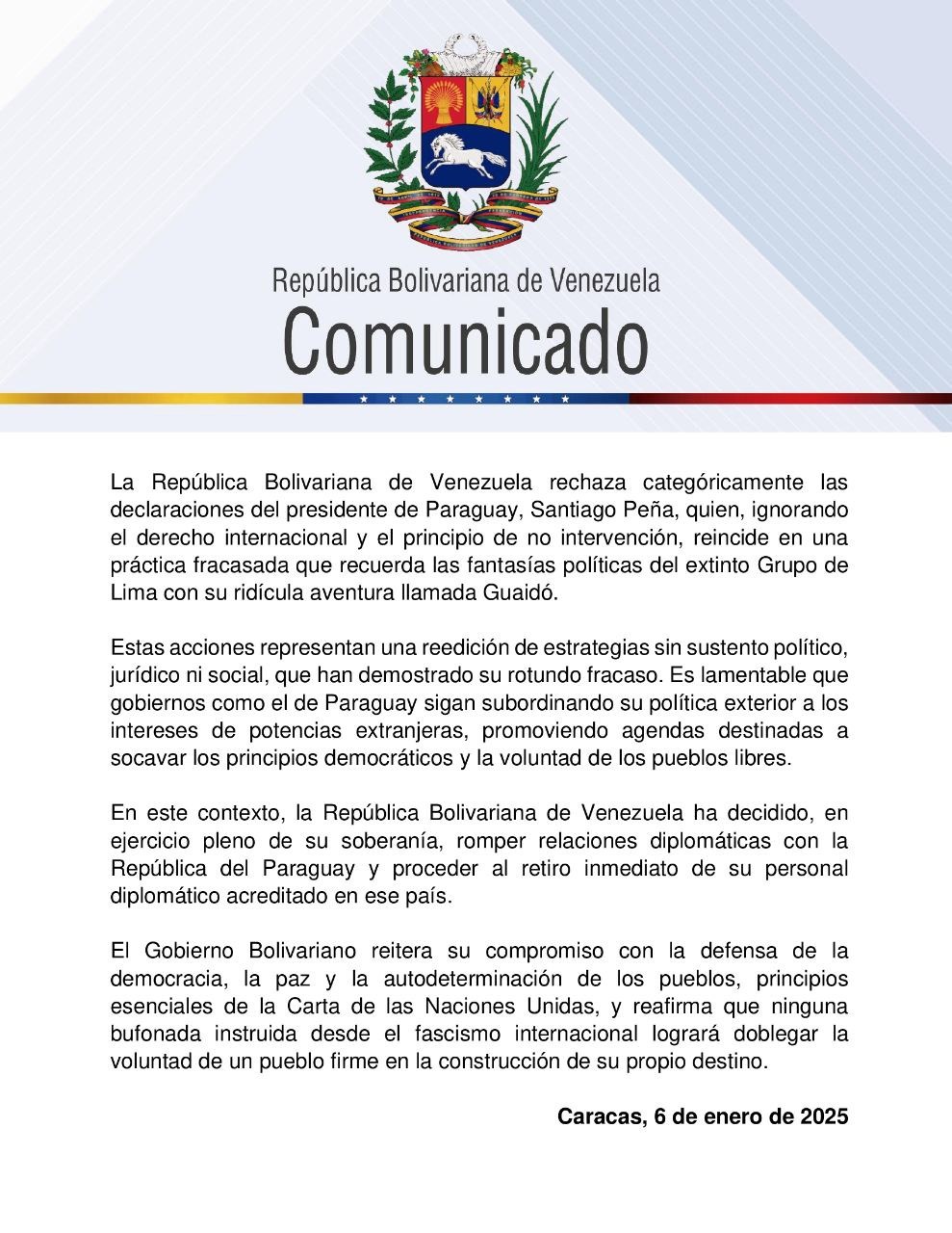 Comunicado del Gobierno de Venezuela.