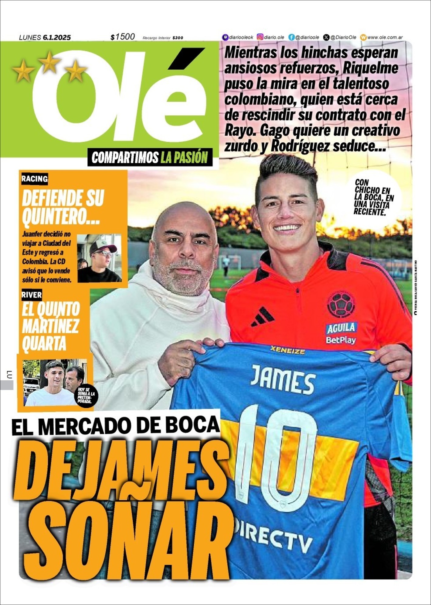 James y 'Chicho' Serna en la portada de este lunes del diario Olé. 