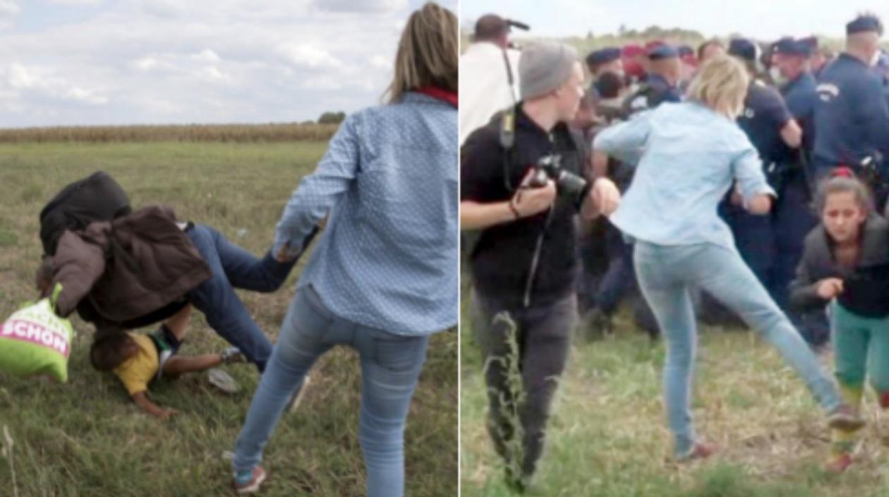 Momentos en que la periodista Petra László puso zancadillas a varios refugiados.
