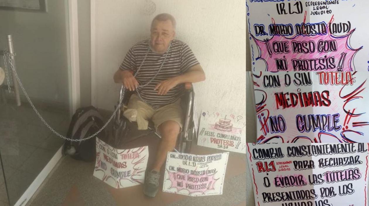 Guillermo Avendaño, usuario de Medimás. Se encadenó a la puerta buscando que después de un año le entreguen su prótesis.
