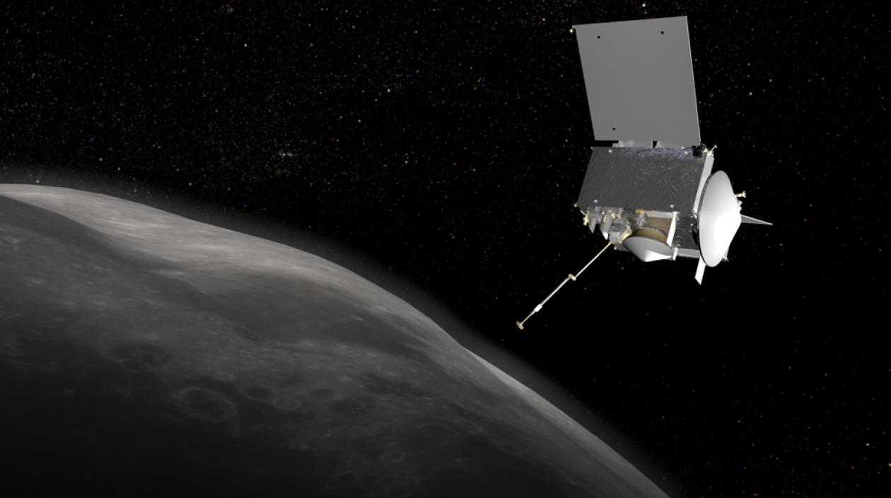 Imagen virtual de la nave OSIRIS-REx junto al asteroide Bennu.