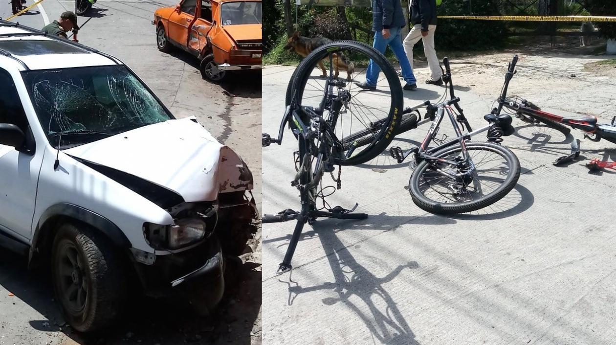 Vehículo causante del accidente y estado en que quedaron las bicicletas.