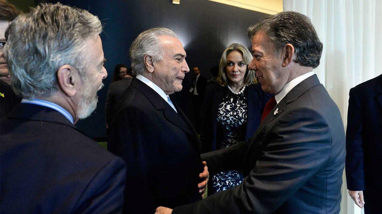 El presidente de Colombia, Juan Manuel Santos, con su homólogo de Brasil, Michel Temer, en la visita oficial que hará el próximo martes a Brasilia.