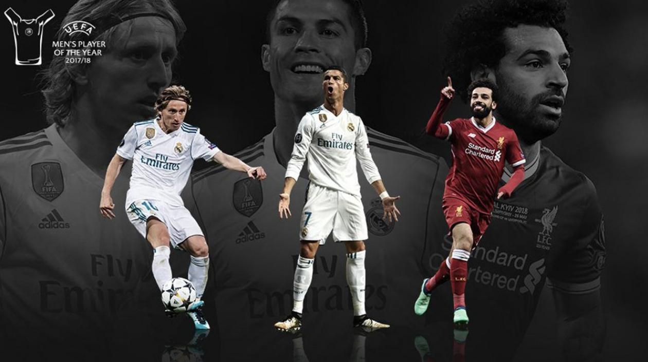 El croata Luka Modric, el portugués Cristiano Ronaldo y el egipcio Mohamed Salah.