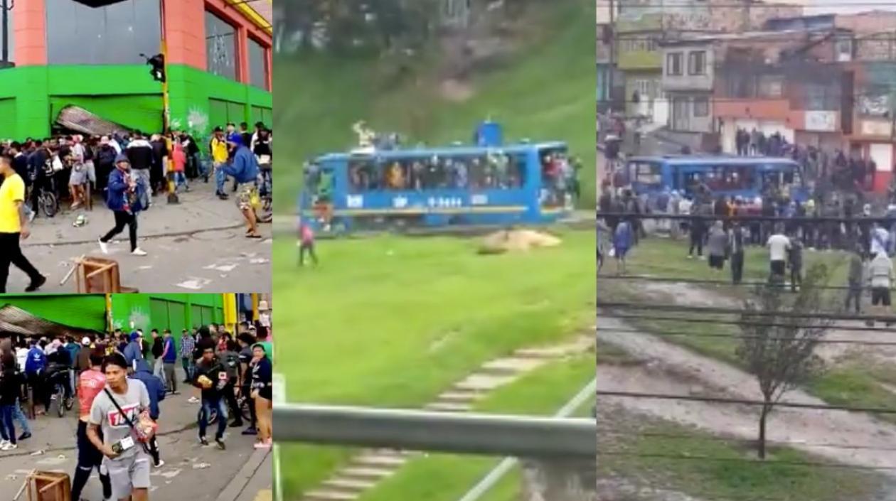 Vándalos robaron y dañaron un bus del SITP y saquearon un supermercado en Bogotá.