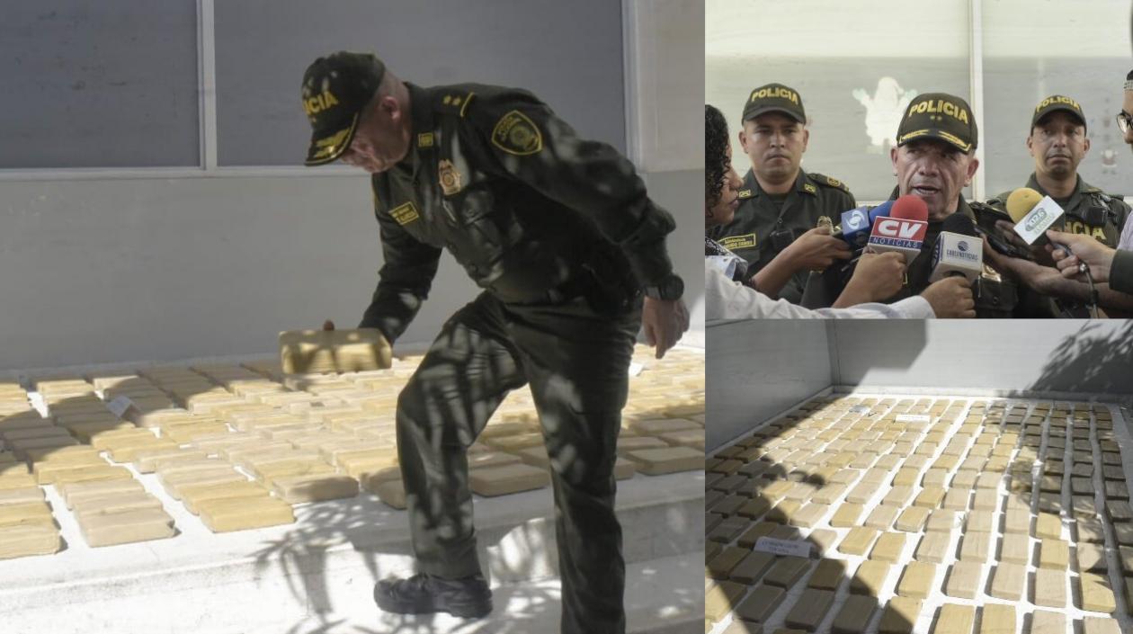 General Ricardo Alarcón, comandante de la Mebar, muestra la droga incautada.