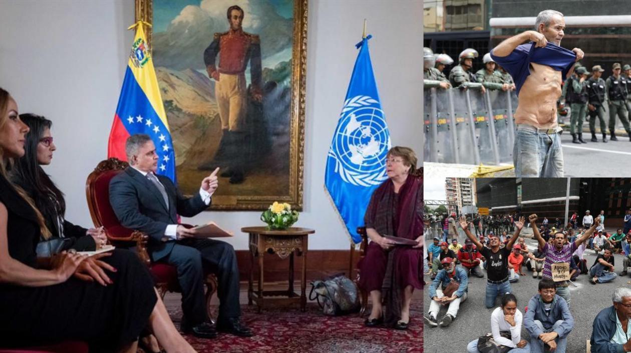 La alta comisionada de Naciones Unidas para los derechos humanos, Michelle Bachelet (d), y el fiscal general, Tarek William Saab (2d), se reúnen este jueves, en la sede diplomática de la Cancillería venezolana, en Caracas (Venezuela).