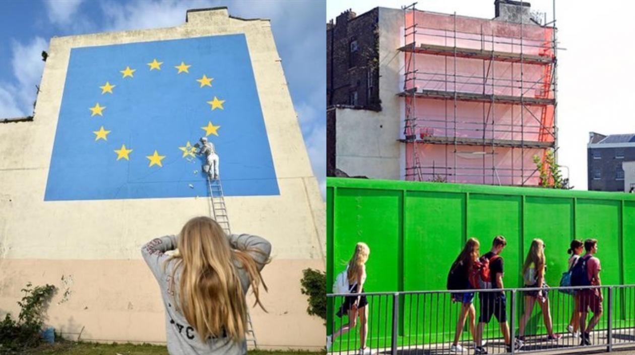 Antes y después del mural de Banksy sobre el Brexit.