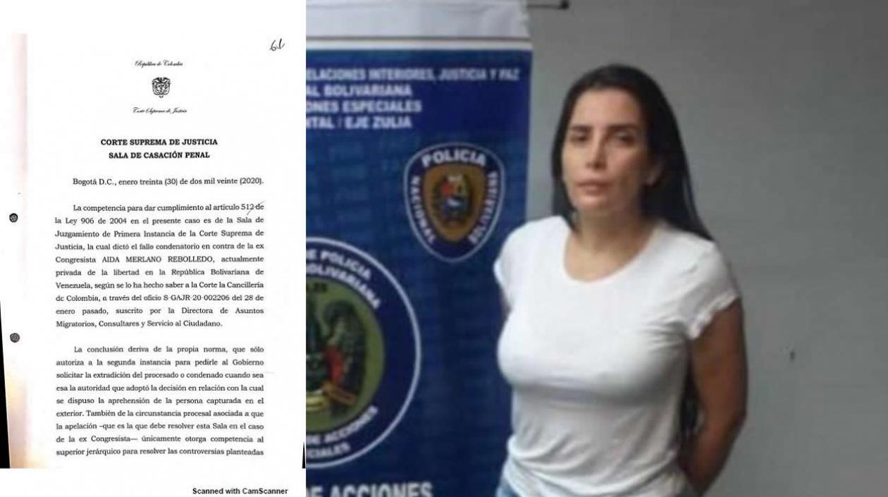 Documento de solicitud de extradición y Aida Merlano.