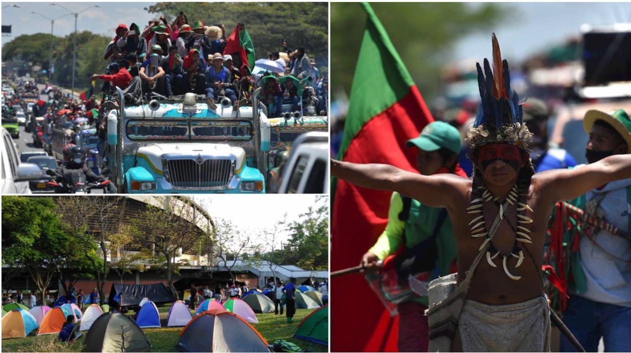  Indígenas del suroeste de Colombia participan en una caravana hoy, por la vía Panamericana hacia la ciudad de Cali.