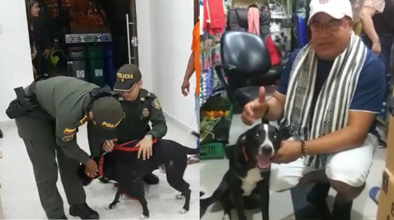 Momento de la devolución del canino/dueño de 'Capitán' junto a su mascota.