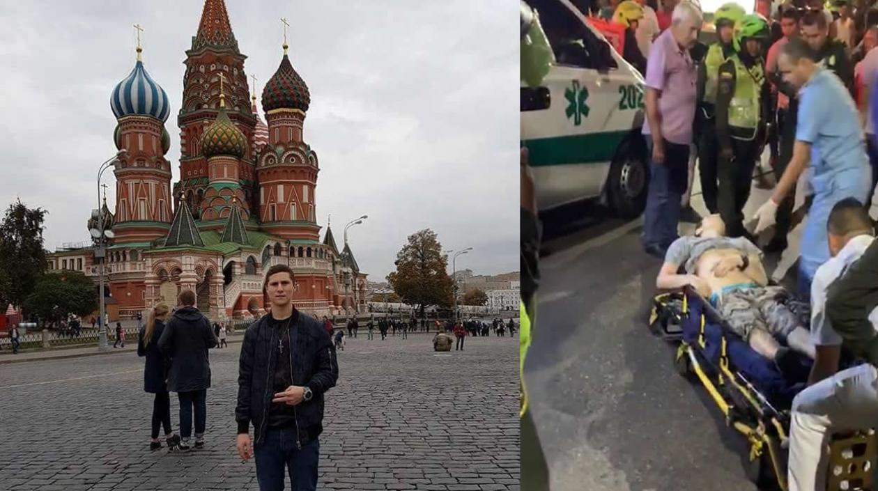Kamal Ilich Nadjar Vetshev en una visita a Moscú (izquierda). El joven resultó herido por la Policía y llevado a la Clínica Altos de San Vicente (derecha).