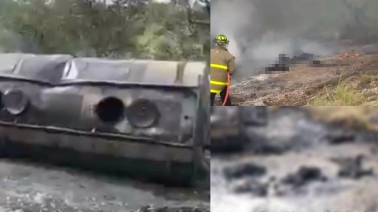 Incendio de camión fue sofocado por bomberos y cuerpos de las víctimas quedaron en el lugar.
