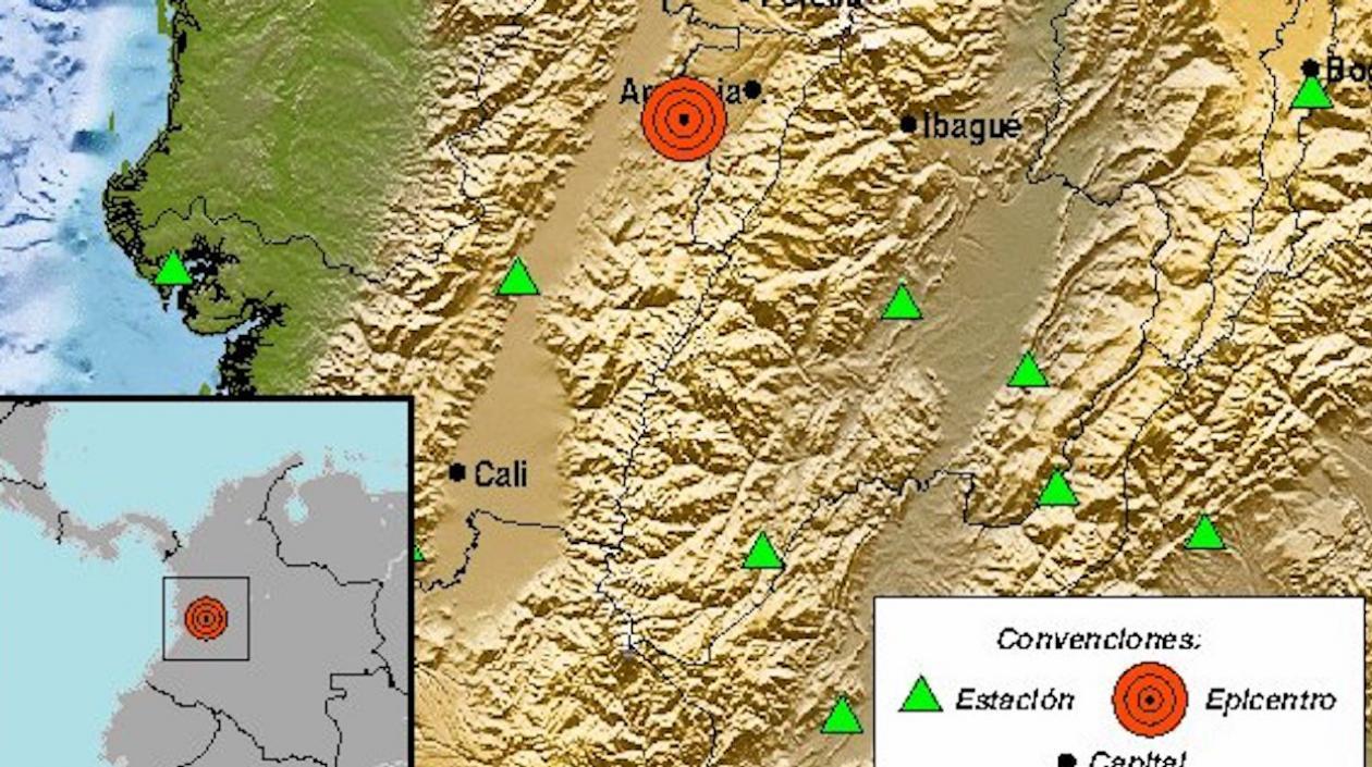 Mapa del evento sísmico ocurrido en la madrugada en Colombia.