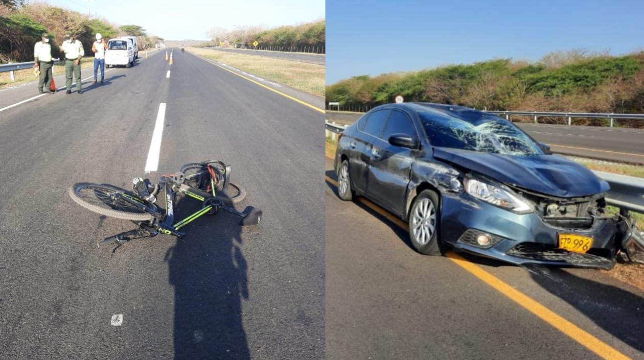 Aspecto de cómo quedaron la bicicleta y el vehículo, tras el accidente.