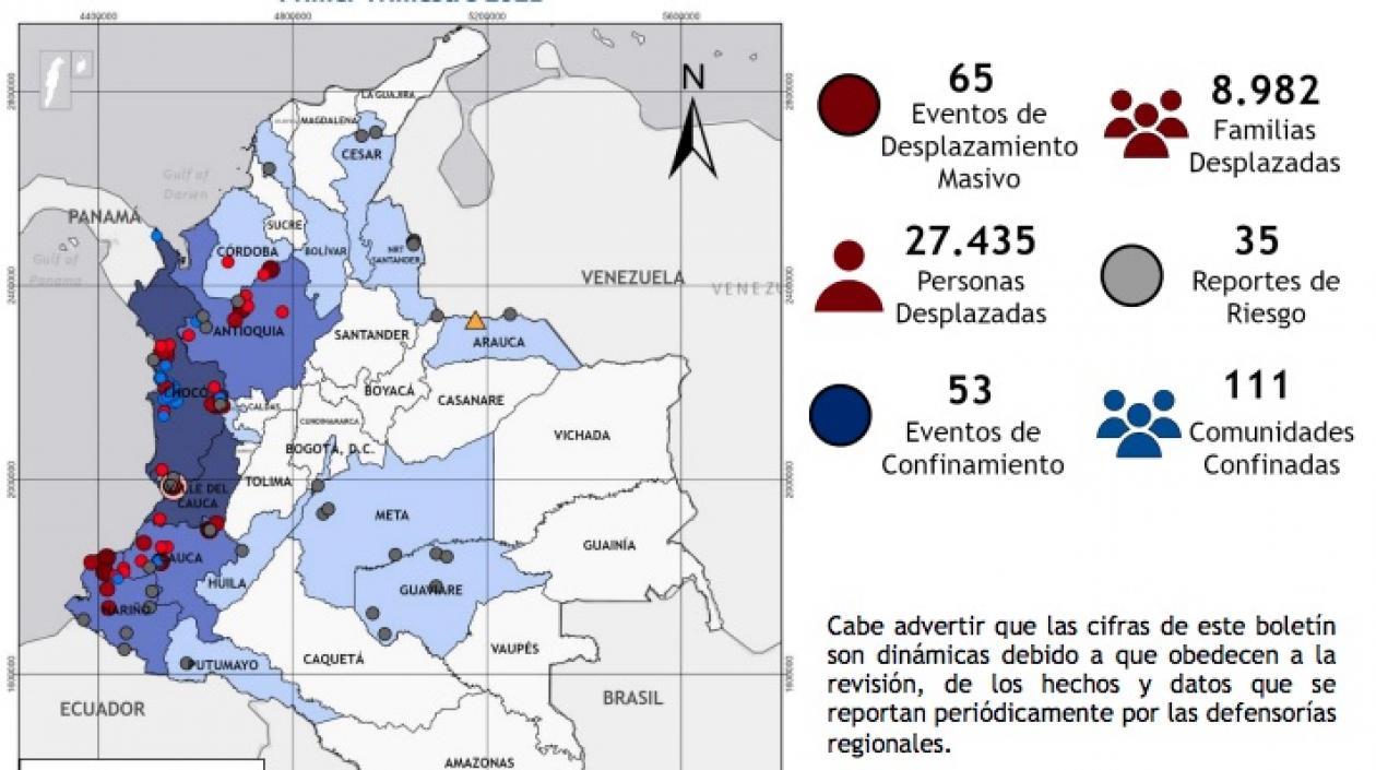 El mapa del desplazamiento en Colombia.