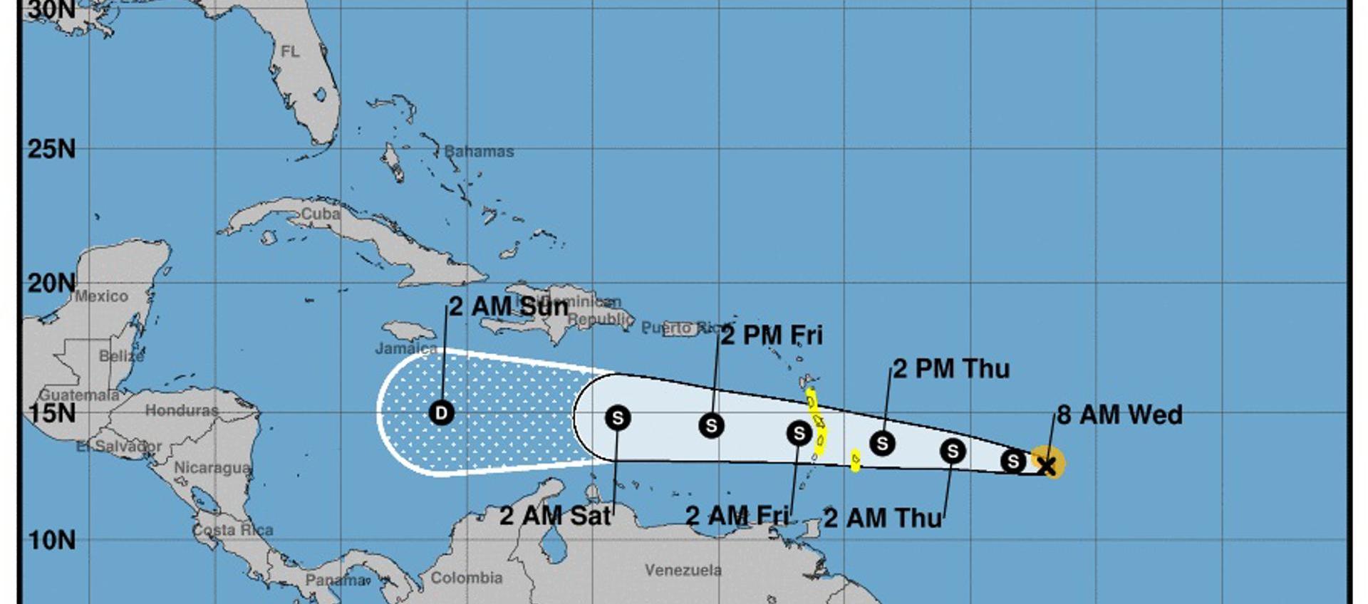 Trayectoria de la tormenta tropical sobre el Mar Caribe. 