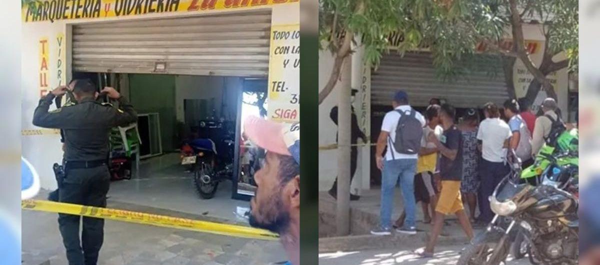 La Policía del Magdalena y curiosos frente al local comercial en donde hallaron los tres cuerpos