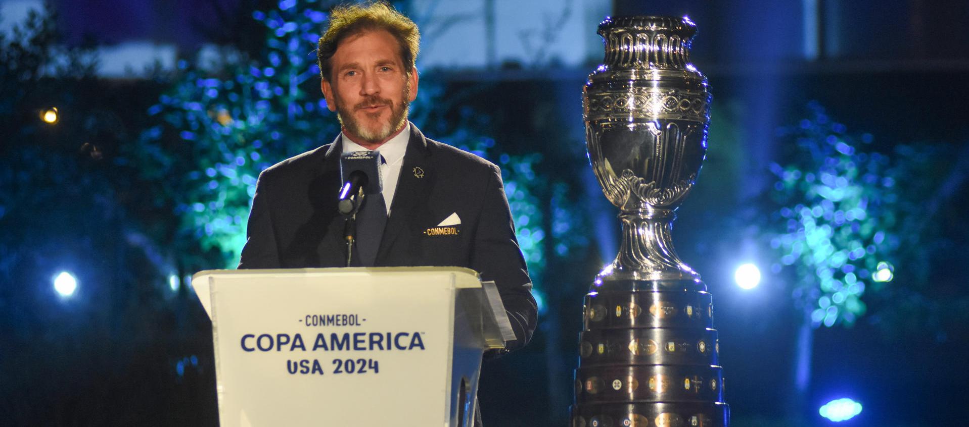 El presidente de la Conmebol Alejandro Domínguez habla en la presentación de la nueva imagen de la Copa América 2024