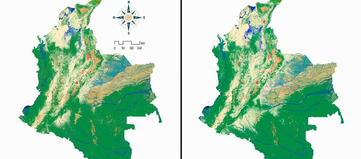 Los mapas de uso de suelo de Colombia. El de izquierda de 1985 y el de derecha, de 2022.