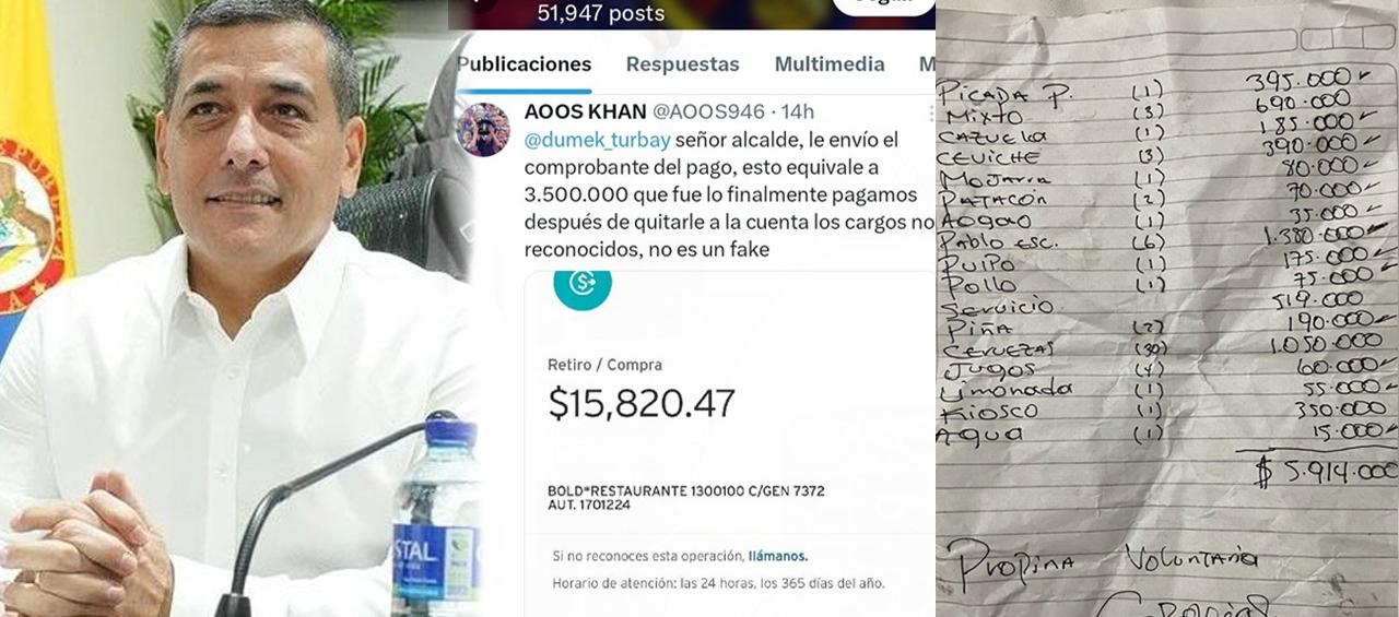 Dumek Turbay, en la siguiente foto la factura de 3,5 millones de pesos que pagaron y en la otra, la cuenta que le cobraron en Cholón