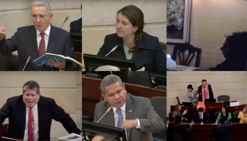 Los senadores Álvaro Uribe, Paloma Valencia, Antonio Zabaraín, Luis Pérez y el video de Petro.