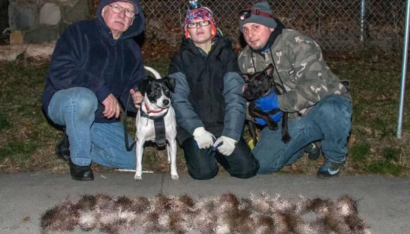 Fotografía cedida por el grupo Ryders Alley Trencher Fed Society (RATS) donde aparecen algunos miembros del grupo mientras posan frente a unas ratas muertas en Nueva York (EE.UU.).