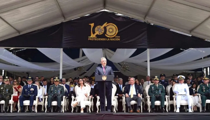 El Presidente Iván Duque durante la celebración de los 100 años de la Fuerza Aérea Colombiana.