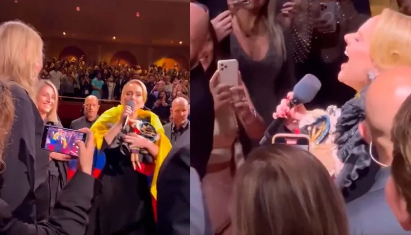 Adele con la bandera de Colombia en medio de un concierto.