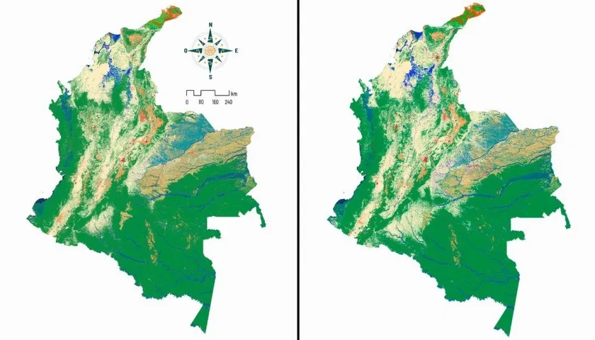 Los mapas de uso de suelo de Colombia. El de izquierda de 1985 y el de derecha, de 2022.
