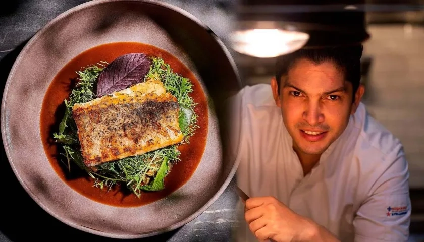 El reconocido chef Manuel Mendoza junto a una de sus recetas: pesca al carbón, mantequilla picante de ají chivato, ensalada tibia de fríjol cabecita negra y demiglace de pescado