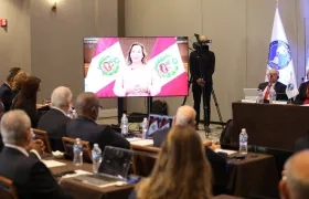 Dina Boluarte, presidenta de Perú, durante su intervención en la Asamblea General Extraordinaria de Panam Sports. 