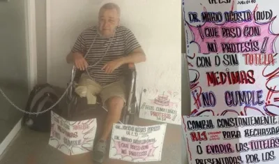 Guillermo Avendaño, usuario de Medimás. Se encadenó a la puerta buscando que después de un año le entreguen su prótesis.
