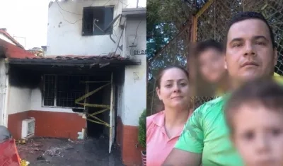 En la foto, la casa incendiada y cuatro de las 5 víctimas.