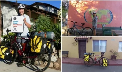 Sarah Stork, con la bicicleta que utiliza para su recorrido internacional.