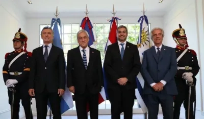  Fotografía cedida que muestra (i-d) a los presidentes de: Argentina, Mauricio Macri; Chile, Sebastián Piñera; Paraguay, Mario Abdo Benítez; y Uruguay, Tabaré Vázquez.