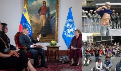 La alta comisionada de Naciones Unidas para los derechos humanos, Michelle Bachelet (d), y el fiscal general, Tarek William Saab (2d), se reúnen este jueves, en la sede diplomática de la Cancillería venezolana, en Caracas (Venezuela).
