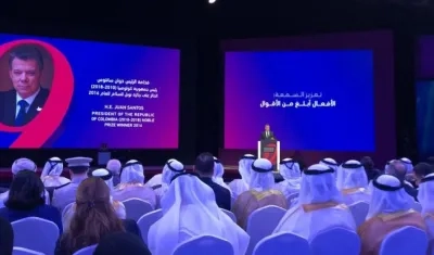 Juan Manuel Santos en su intervención en el Foro Comunicación Internacional en Emiratos Árabes Unidos.