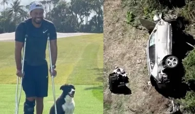 Tiger Woods al lado de su perro y de otro lado su camioneta tras el accidente. 