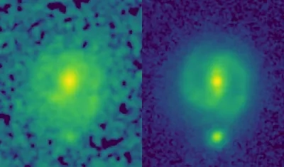 Imágenes de la galaxia EGS23205. A la izquierda la tomada por el telescopio Hubble y a la derecha la del James Webb.