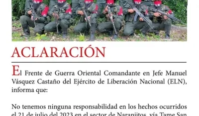 Comunicado del Frente de Guerra Oriental del ELN sobre atentado en Arauca