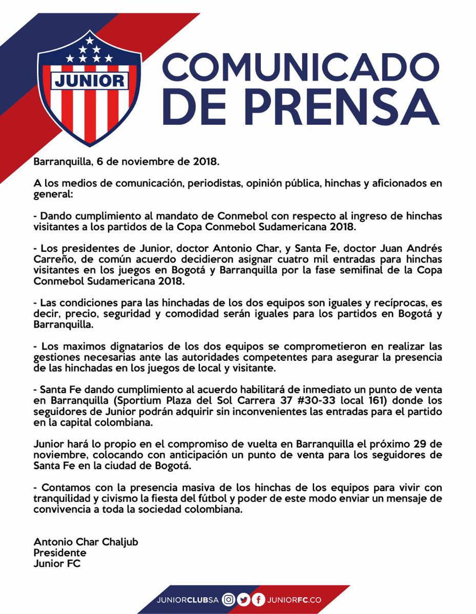 Comunicado de prensa de Junior. 